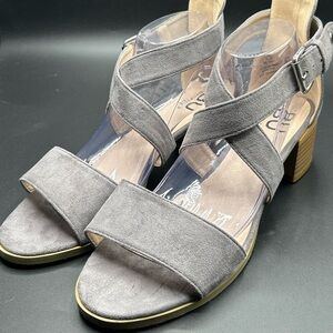 BU Collection Grey Chunk Heel Faux Suede Criss Cross Ankle Strap Sandals
